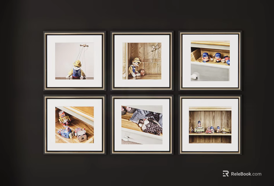 Six Framed Decorative Photos Showing Interior Scenes On Black Wall 3d model 