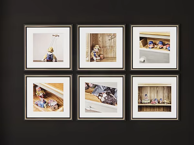 Six Framed Decorative Photos Showing Interior Scenes On Black Wall 3d model