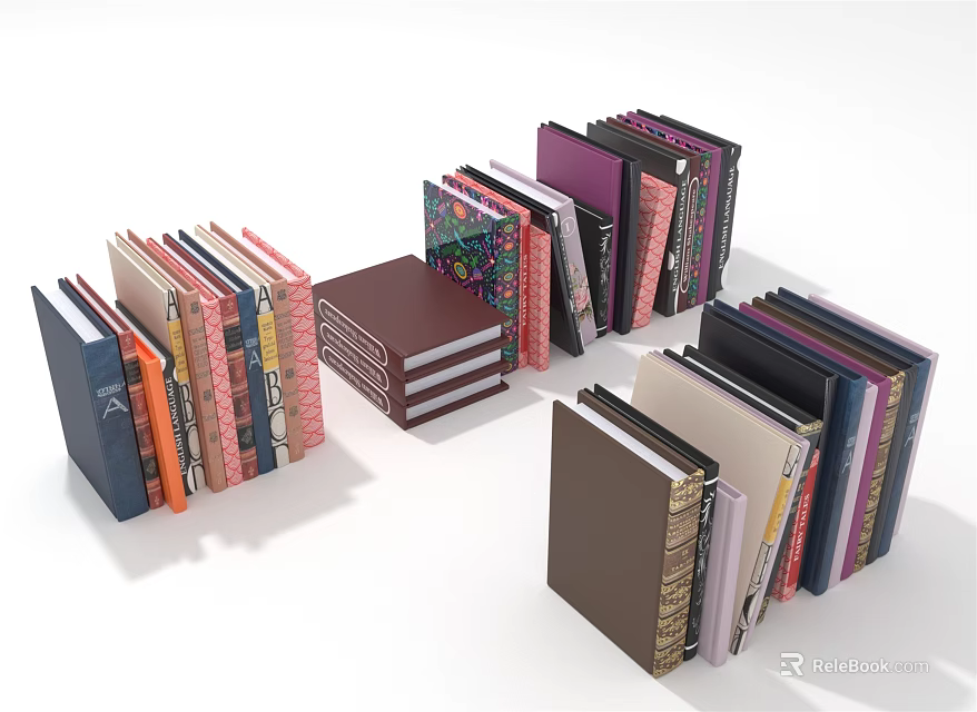 Various Colorful Books and Magazines Stacked and Standing with Unique Cover Designs 3d model 