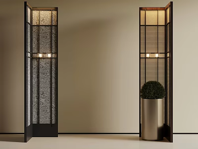 Modern Room Divider With Black Frame Lattice Design Illuminated Panels And Metal Planter Green Topiary 3d model