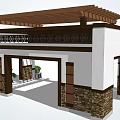 Traditional Chinese Style Gateway With Wooden Roof Stone Accents White Walls And Potted Plants
