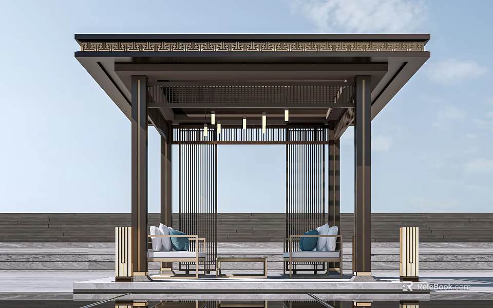 Chinese Style Pavilion With Decorative Roof Columns Seats And Reflective Floor 3d model 