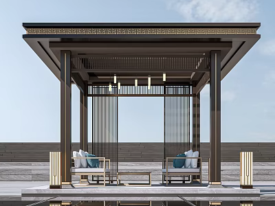Chinese Style Pavilion With Decorative Roof Columns Seats And Reflective Floor 3d model