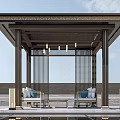 Chinese Style Pavilion With Decorative Roof Columns Seats And Reflective Floor