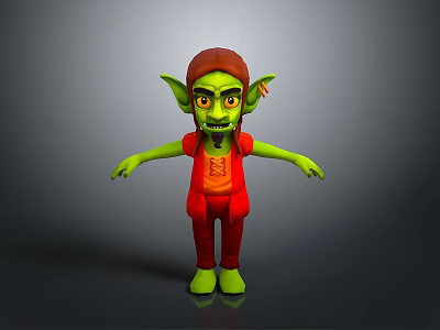 3D Green Fantasy Character With Red Outfit Brown Hat Pointed Ears And Yellow Eyes 3d model
