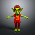 3D Green Fantasy Character With Red Outfit Brown Hat Pointed Ears And Yellow Eyes