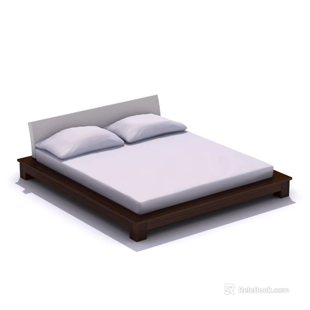 Modern Double Bed With Wooden Frame White Headboard Mattress And Two Pillows 3d model 