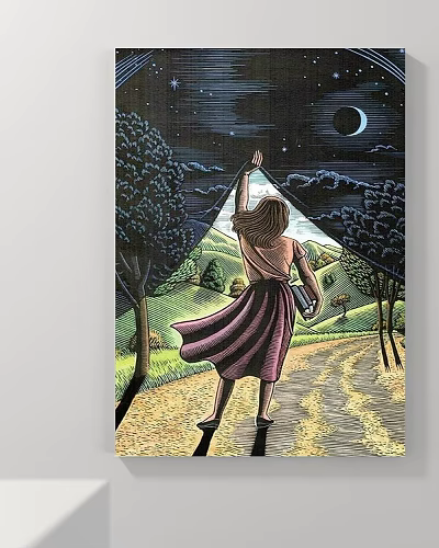 Abstract Painting of Girl Reaching Hand Under Night Sky with Moon Stars Trees and Path 3d model