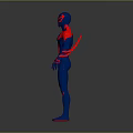 3D Rendered Spider Man Character In Blue Red Costume Standing On Gray Background