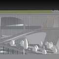 Modern Architectural Building With Curved Roof Glass Facade And Water Reflection In Surrounding Landscape