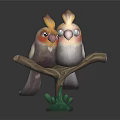 Two Colorful Parrot Models Perched On Branch With Green Base And Dark Background