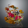 Character With Orange Hair Green Headdress And Floral Clothing Surrounded By Red Pink Orange Flowers And Flowing Plant Elements