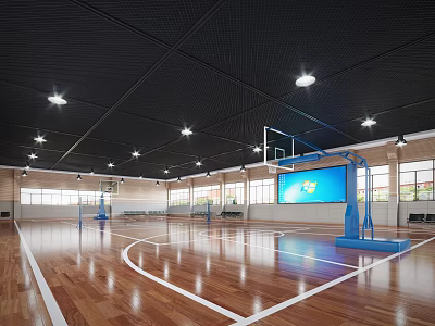 Spacious Indoor Basketball Court With Wooden Flooring White Lines Blue Hoops Lighting And Large Screen 3d model