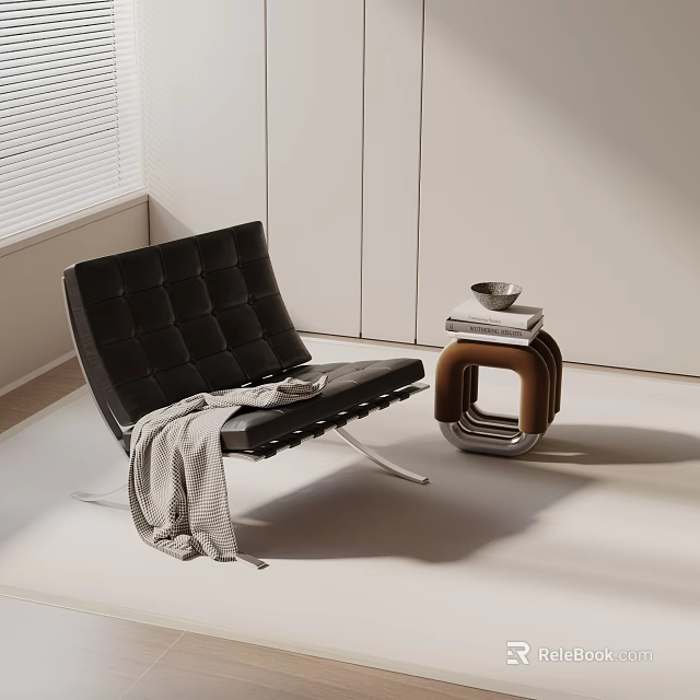 Stylish Black Lounge Chair With Gray Throw Blanket And Brown Side Table Bowl 3d model 