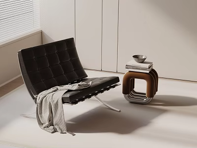 Stylish Black Lounge Chair With Gray Throw Blanket And Brown Side Table Bowl 3d model