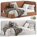 Cozy Kids Bed Featuring Pastel Frame Star Patterned Pillows Brown Blanket and Polka Dot Sheets