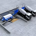 Industrial Equipment Setup For Concrete Production With Cement Mixer Trucks And Storage Bins