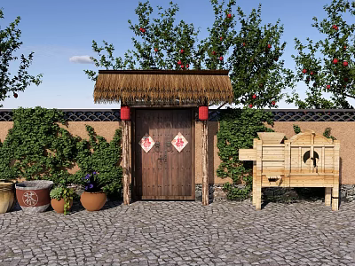 Chinese Gate Village Courtyard Door Entrance Fence Wall 3d model