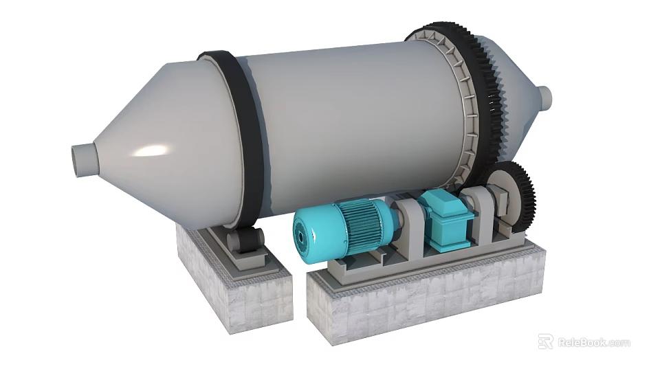 Industrial Ball Mill Equipment with Rotating Drum Blue Motor Gears and Stable Base 3d model 