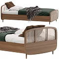 Modern Single Bed Featuring Wooden Frame Rattan Panels Green Sheets And Gray Blanket