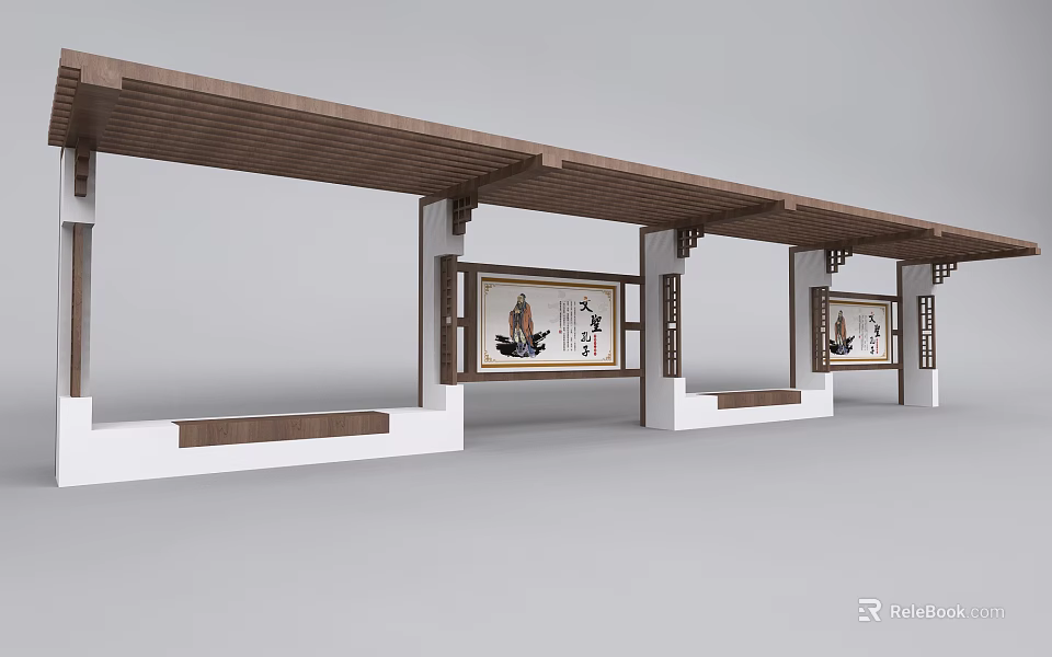 Traditional Chinese Style Pergola with Wooden Roof Decorative Paintings and Bench Seats 3d model 