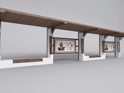 Traditional Chinese Style Pergola with Wooden Roof Decorative Paintings and Bench Seats 3d model