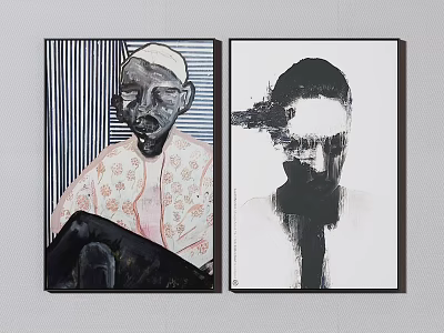Two Portrait Paintings In Artistic Style With Striped Background And Blurred Head Details 3d model
