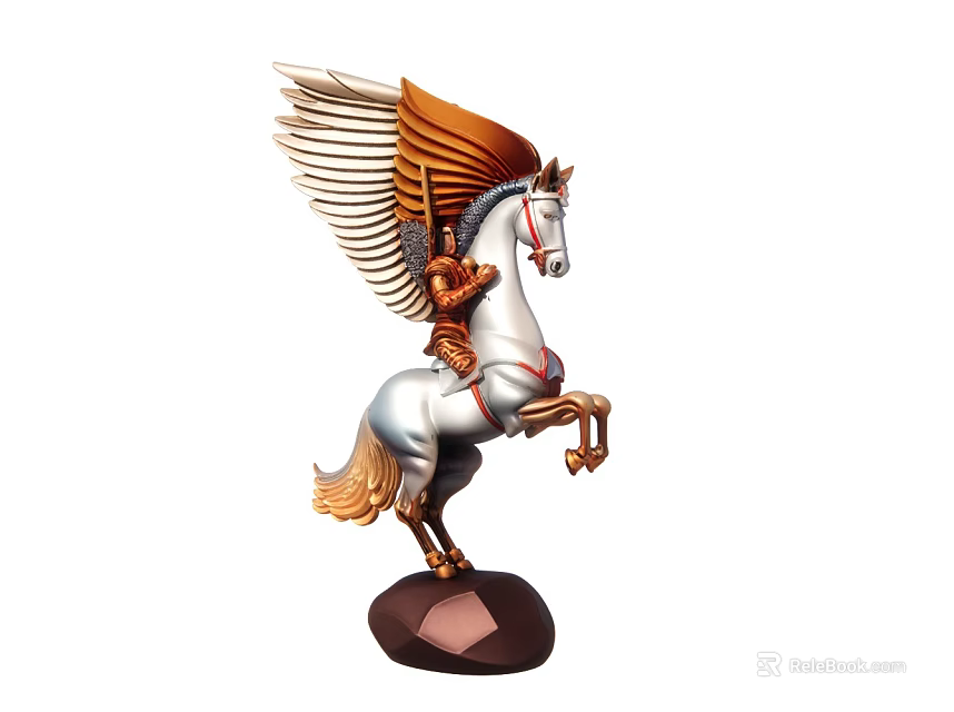 Decorative Winged Horse Statue With Golden Wings White Body Standing On Brown Base 3d model 