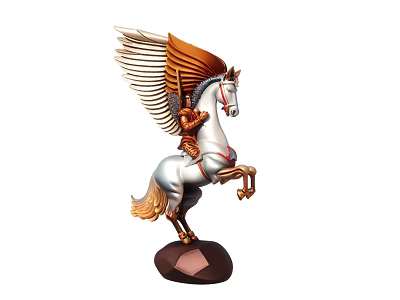 Decorative Winged Horse Statue With Golden Wings White Body Standing On Brown Base 3d model