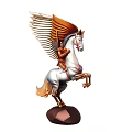 Decorative Winged Horse Statue With Golden Wings White Body Standing On Brown Base