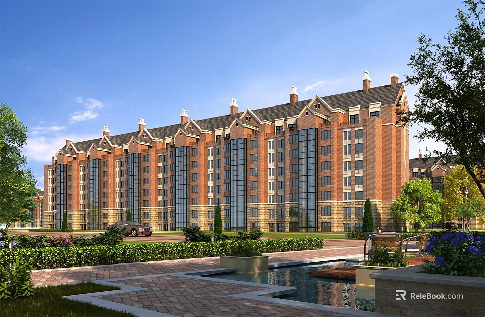 Red Brick Residential Building With Decorative Roof Large Windows And Landscaped Garden 3d model 