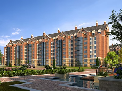 Red Brick Residential Building With Decorative Roof Large Windows And Landscaped Garden 3d model