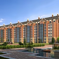 Red Brick Residential Building With Decorative Roof Large Windows And Landscaped Garden
