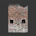 Ruined Red Brick Wall With Two Small Windows And Weathered Surface 3d model