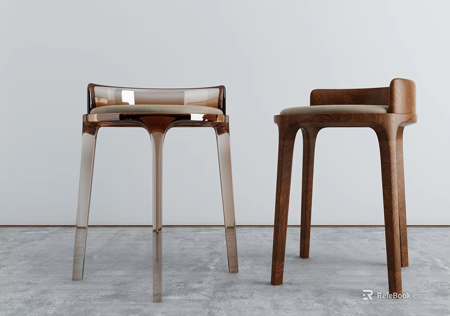Modern Transparent Acrylic and Walnut Wood Bar Stools With Backrest and Slim Legs 3d model 