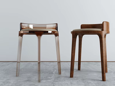 Modern Transparent Acrylic and Walnut Wood Bar Stools With Backrest and Slim Legs 3d model