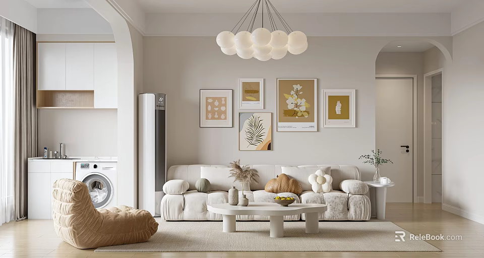 Modern Living Room Interior With White Sofa Wall Paintings Chandelier Round Coffee Table And Rug 3d model 