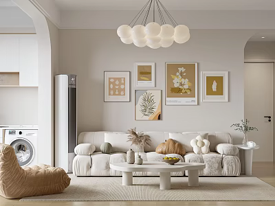 Modern Living Room Interior With White Sofa Wall Paintings Chandelier Round Coffee Table And Rug 3d model