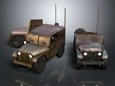 Vintage Military Jeeps With Rustic Bodies And Antennas On Gray Background 3d model