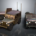 Vintage Military Jeeps With Rustic Bodies And Antennas On Gray Background