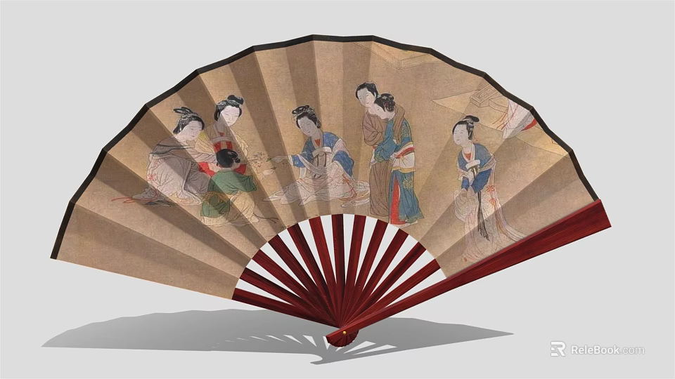 Traditional Chinese Fan With Painted Ancient Female Figures And Red Frame 3d model 