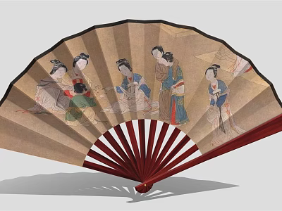Traditional Chinese Fan With Painted Ancient Female Figures And Red Frame 3d model