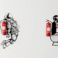 Fire Equipment Featuring Fire Extinguishers With People In Different Poses On Wall 3d model