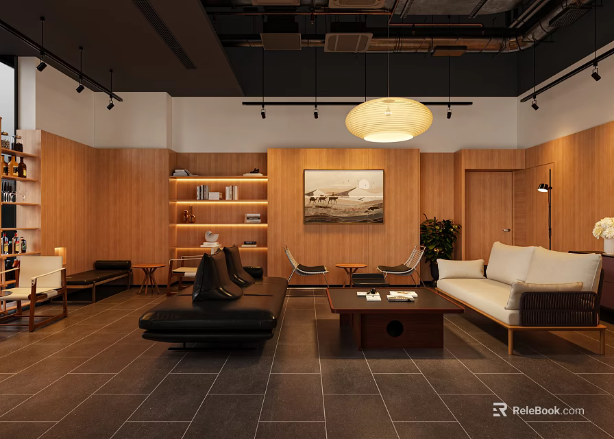 Modern Lounge Area Interior Design With Wooden Walls Black White Sofas And Coffee Table 3d model 
