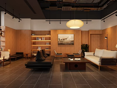 Modern Lounge Area Interior Design With Wooden Walls Black White Sofas And Coffee Table 3d model