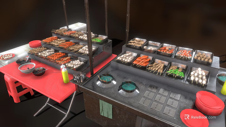 Grilled Skewers At Food Stall With Multiple Trays Red Chairs Black Tables And Condiment Bottles 3d model 