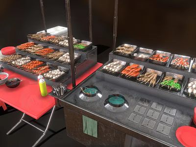 Grilled Skewers At Food Stall With Multiple Trays Red Chairs Black Tables And Condiment Bottles 3d model