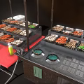 Grilled Skewers At Food Stall With Multiple Trays Red Chairs Black Tables And Condiment Bottles