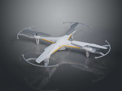 Sleek White Drone With Four Propellers Yellow Stripes And Support Brackets Design 3d model