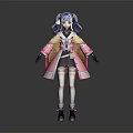 3D Model Game Anime Character With Blue Purple Hair In Pink Coat And Black Skirt